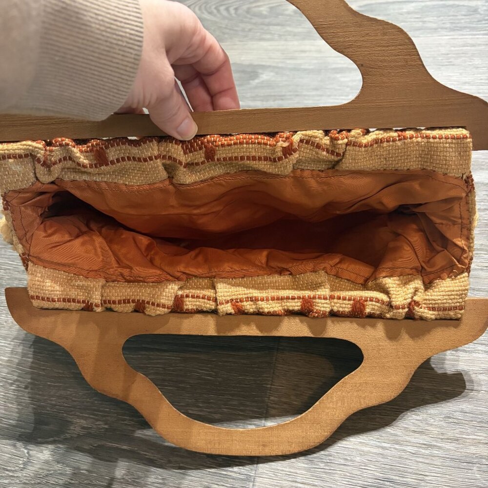 Vintage Woven Fabric Clutch Wooden Top Handles Geometric Earth Tones 70s Boho - Picture 6 of 8